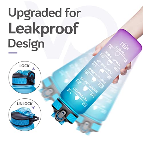 deevudi 32Oz Motivational Fitness Sports Water Bottle With Time Marker&Straw,Large Wide Mouth Leakproof Durable Bpa Free Non-Toxic-Ombre Green Purple (Plastic,Pack Of 1 Bottle),32 fluid_ounce